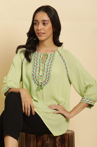 W for Woman Sage Green Embroidered Yoke Rayon Crepe Straight Top