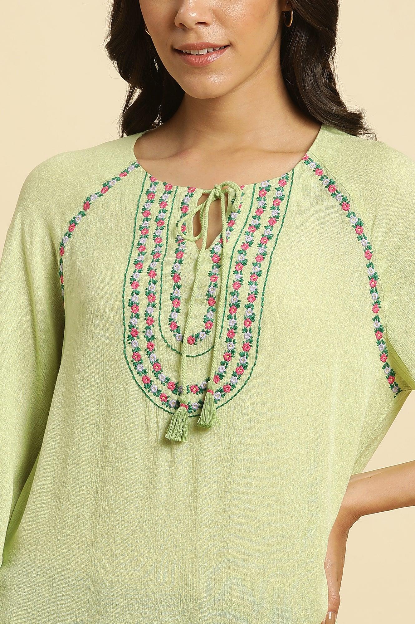 W for Woman Sage Green Embroidered Yoke Rayon Crepe Straight Top