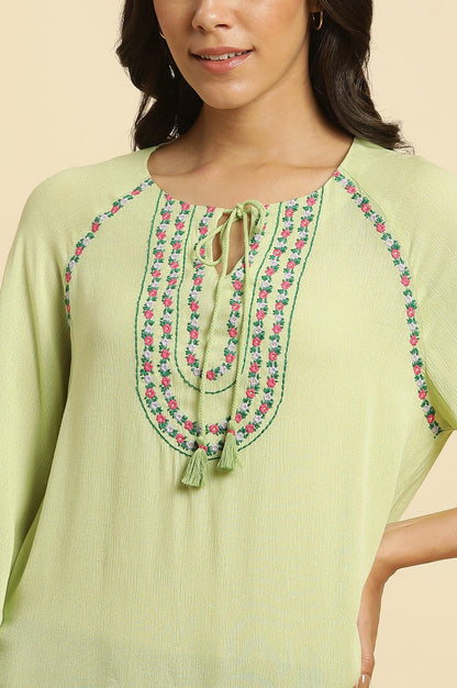 W for Woman Sage Green Embroidered Yoke Rayon Crepe Straight Top