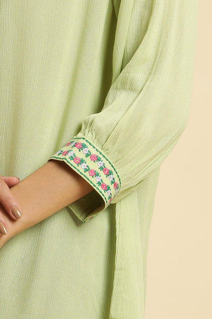 W for Woman Sage Green Embroidered Yoke Rayon Crepe Straight Top