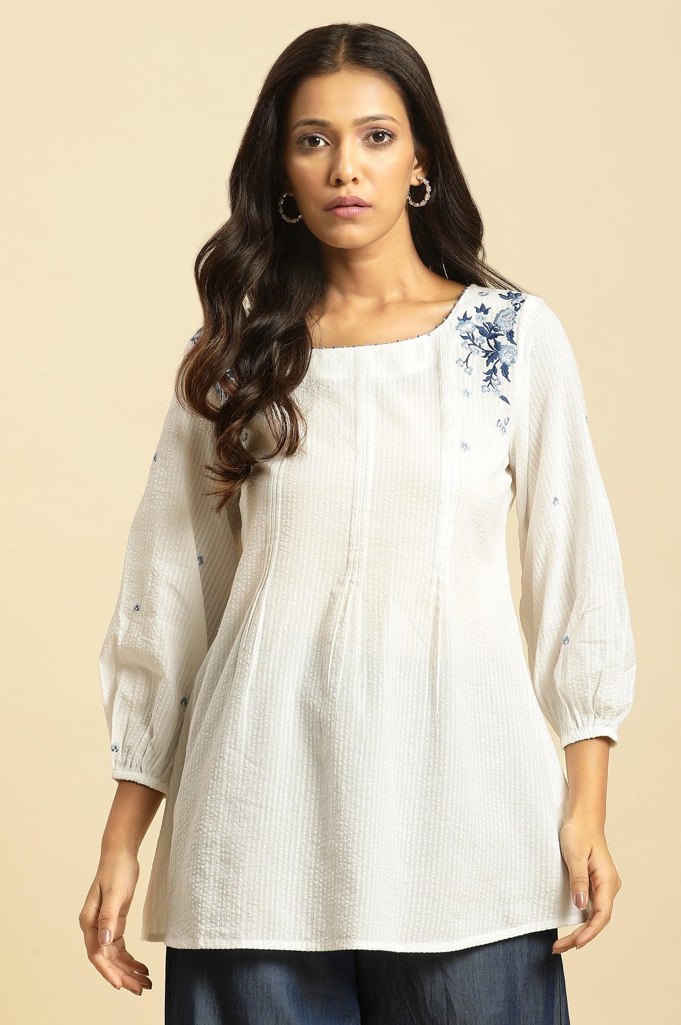 W for Woman White Front Pleated Cotton Top with Embroidery