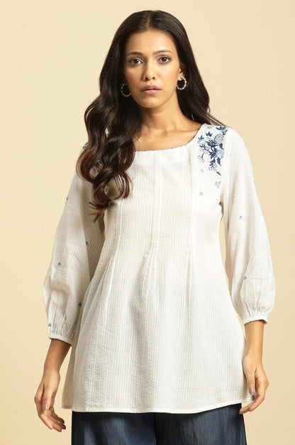 W for Woman White Front Pleated Cotton Top with Embroidery