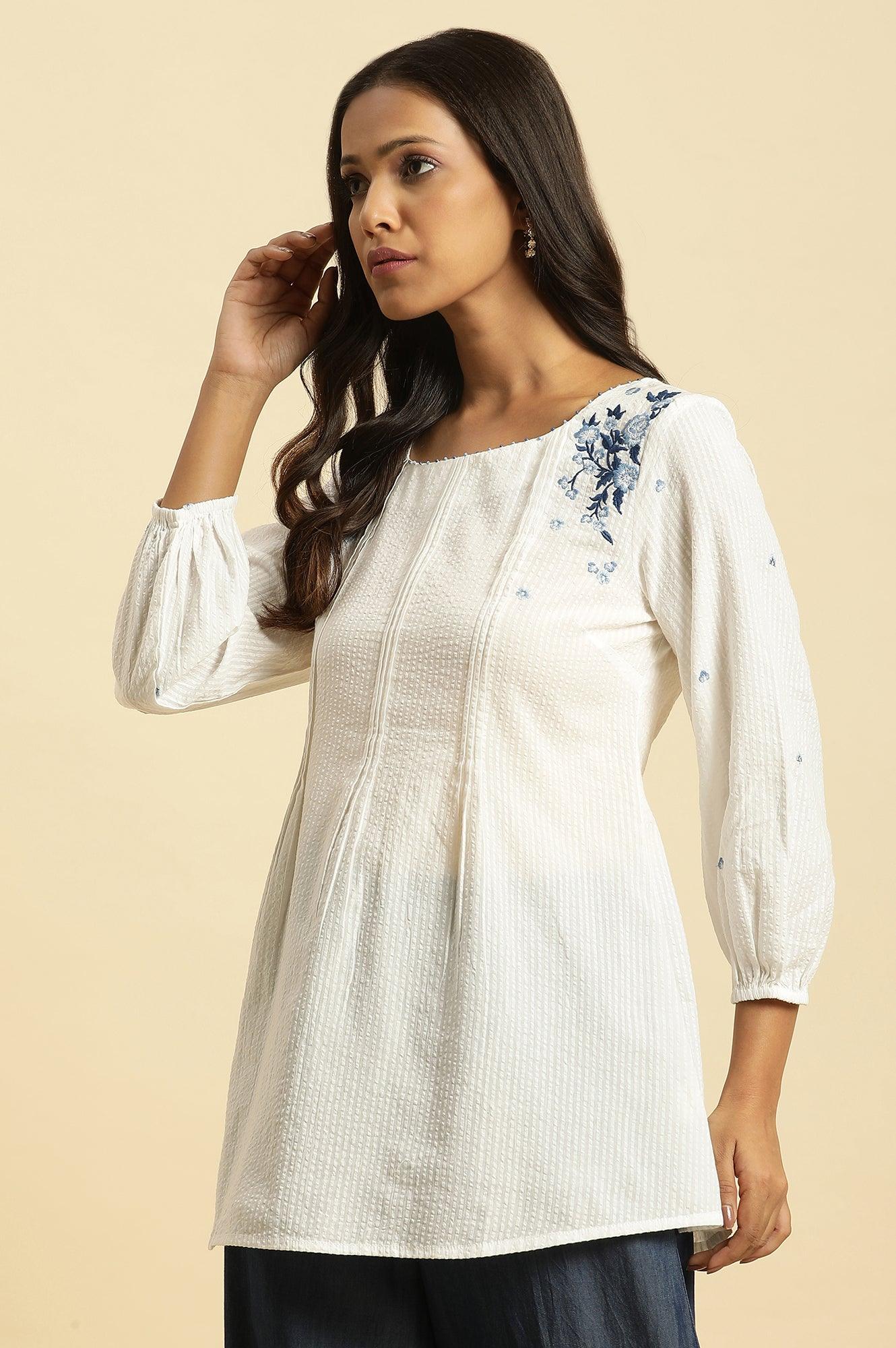 W for Woman White Front Pleated Cotton Top with Embroidery