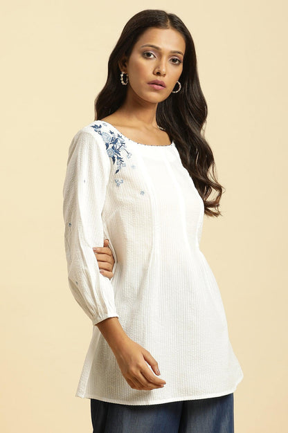 W for Woman White Front Pleated Cotton Top with Embroidery