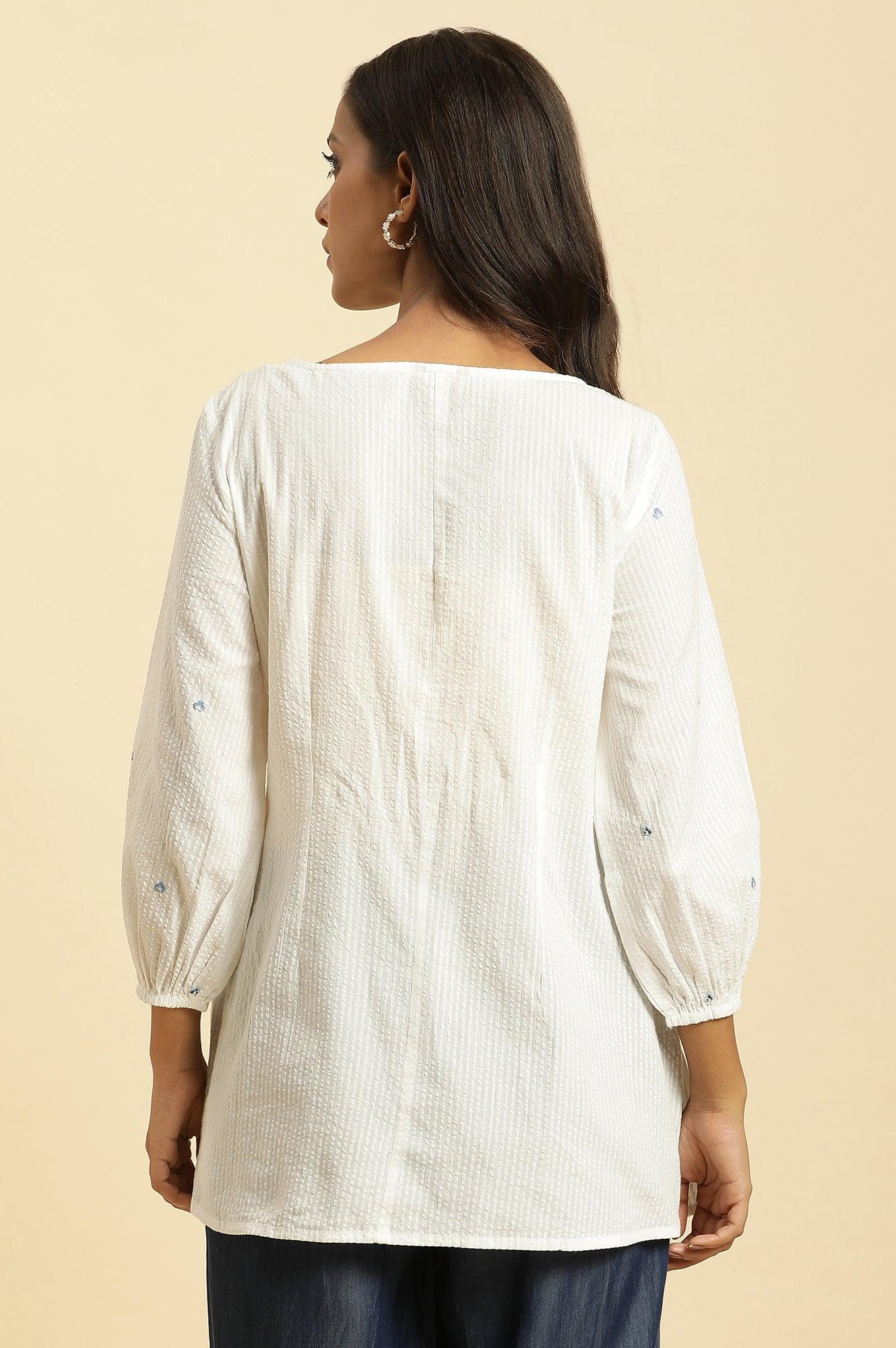 W for Woman White Front Pleated Cotton Top with Embroidery