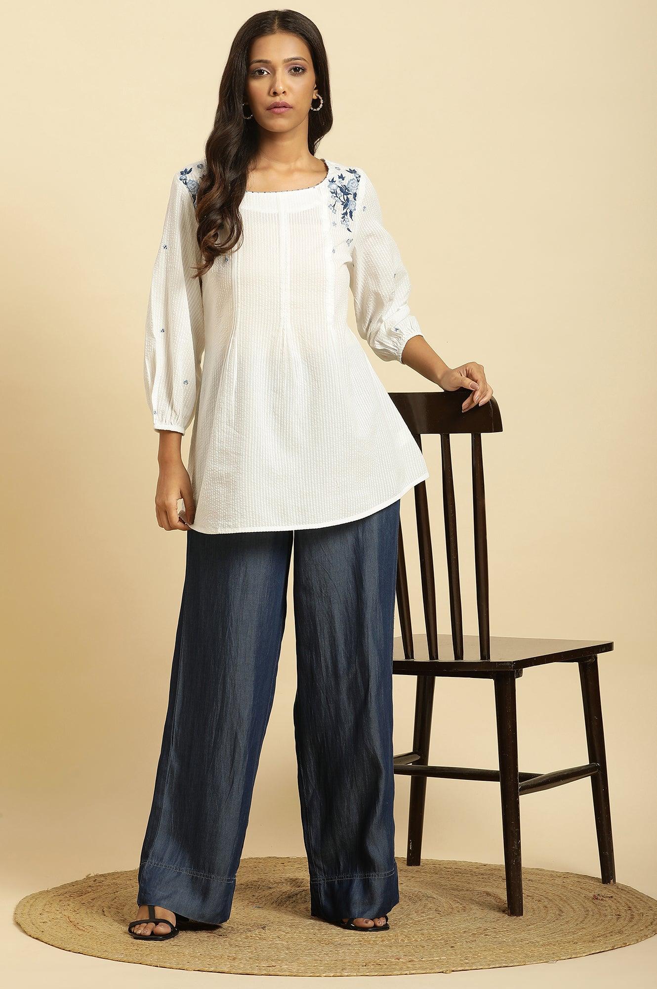W for Woman White Front Pleated Cotton Top with Embroidery