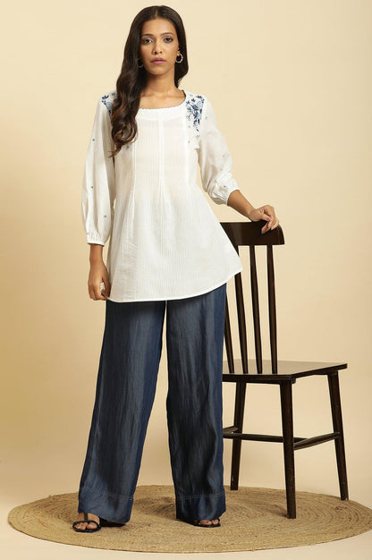 W for Woman White Front Pleated Cotton Top with Embroidery