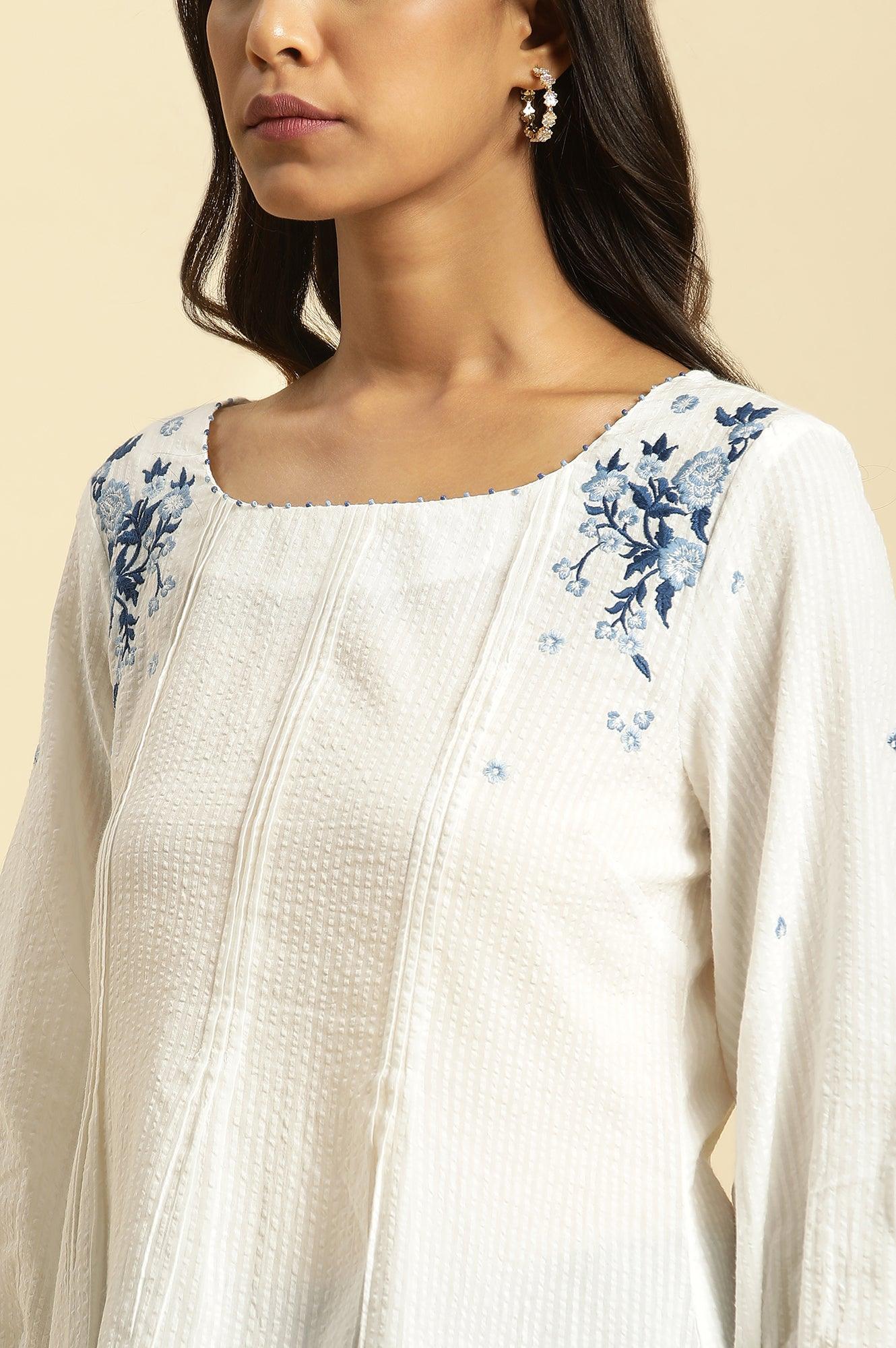 W for Woman White Front Pleated Cotton Top with Embroidery