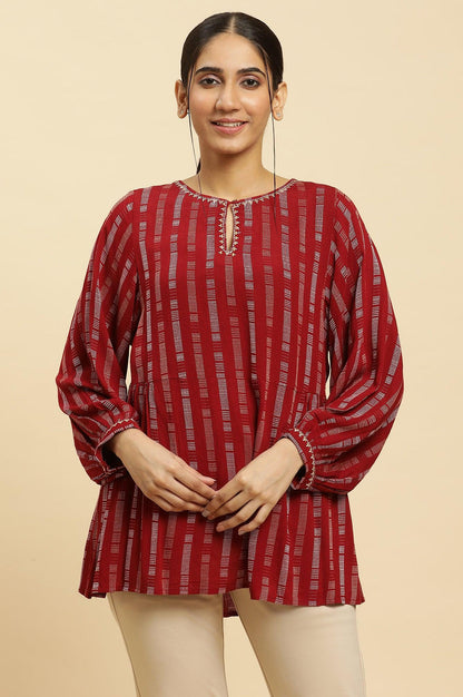 W for Woman Maroon Gathered Top With Embroidery