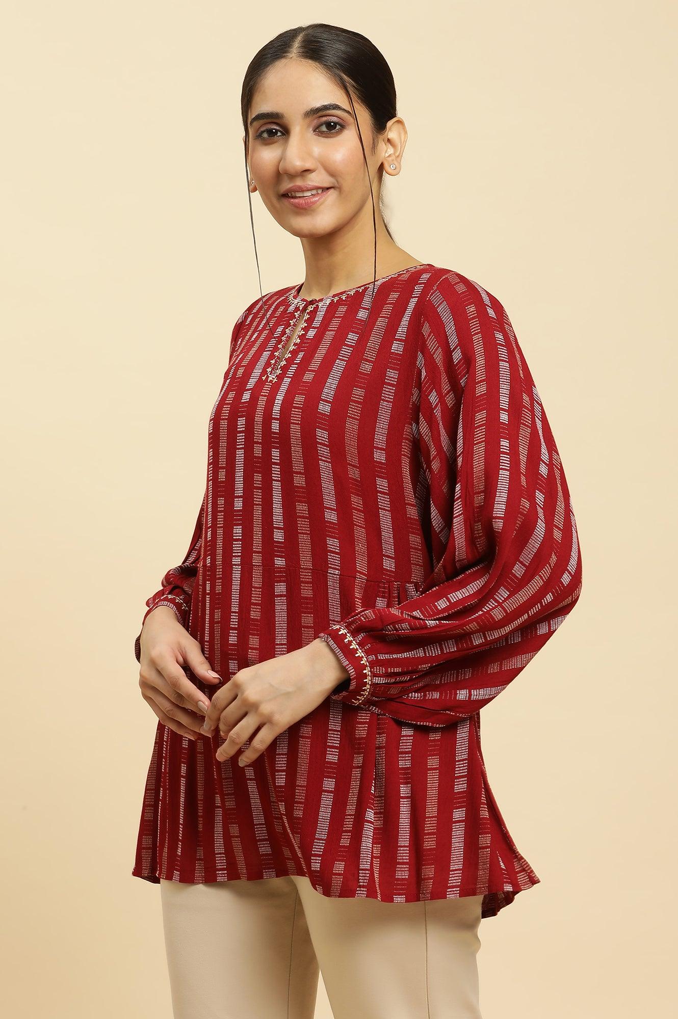 W for Woman Maroon Gathered Top With Embroidery