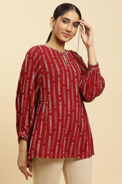 W for Woman Maroon Gathered Top With Embroidery