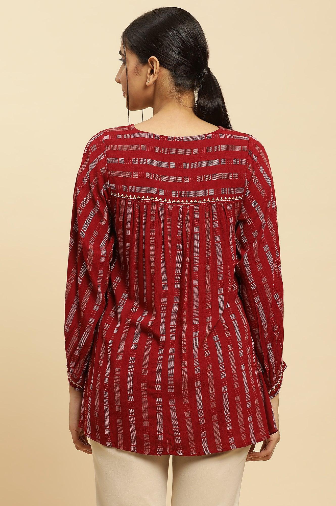 W for Woman Maroon Gathered Top With Embroidery