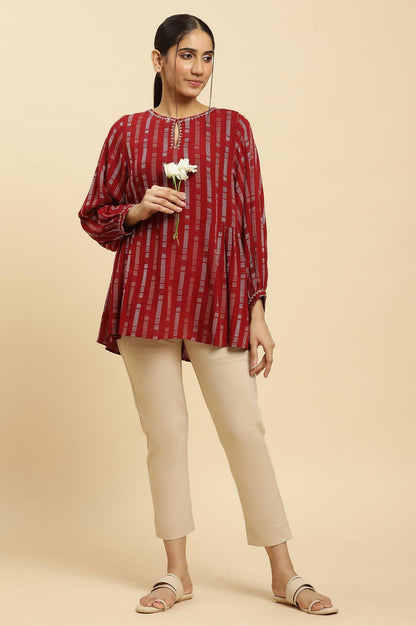 W for Woman Maroon Gathered Top With Embroidery