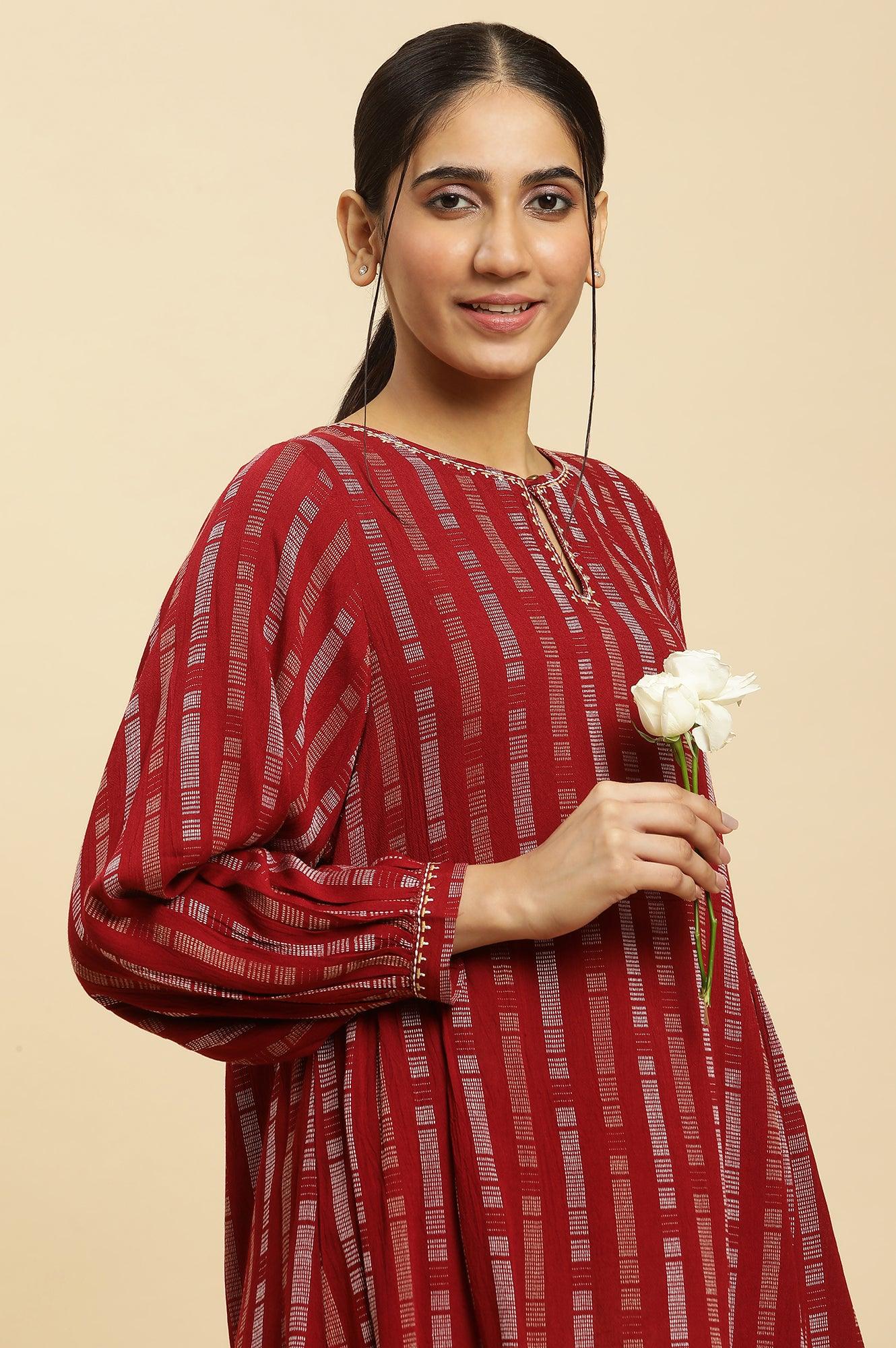 W for Woman Maroon Gathered Top With Embroidery