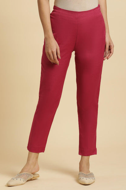 W for Woman Pink Solid Cotton Flax Slim Pants