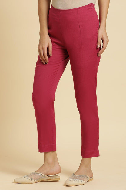W for Woman Pink Solid Cotton Flax Slim Pants
