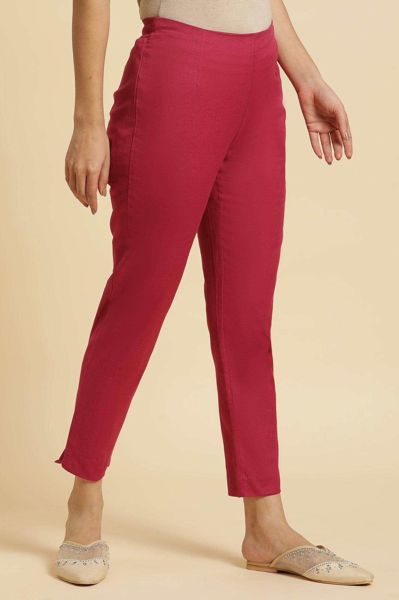 W for Woman Pink Solid Cotton Flax Slim Pants