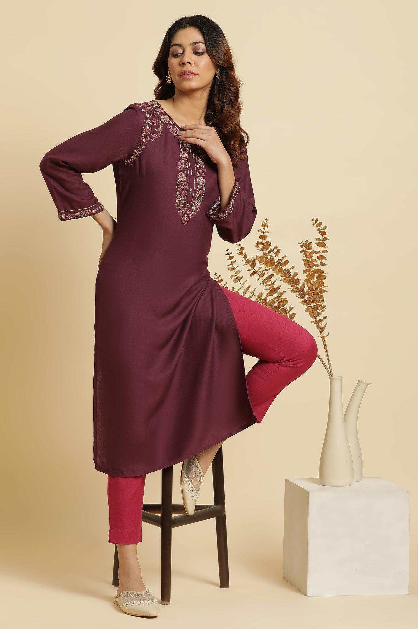 W for Woman Pink Solid Cotton Flax Slim Pants