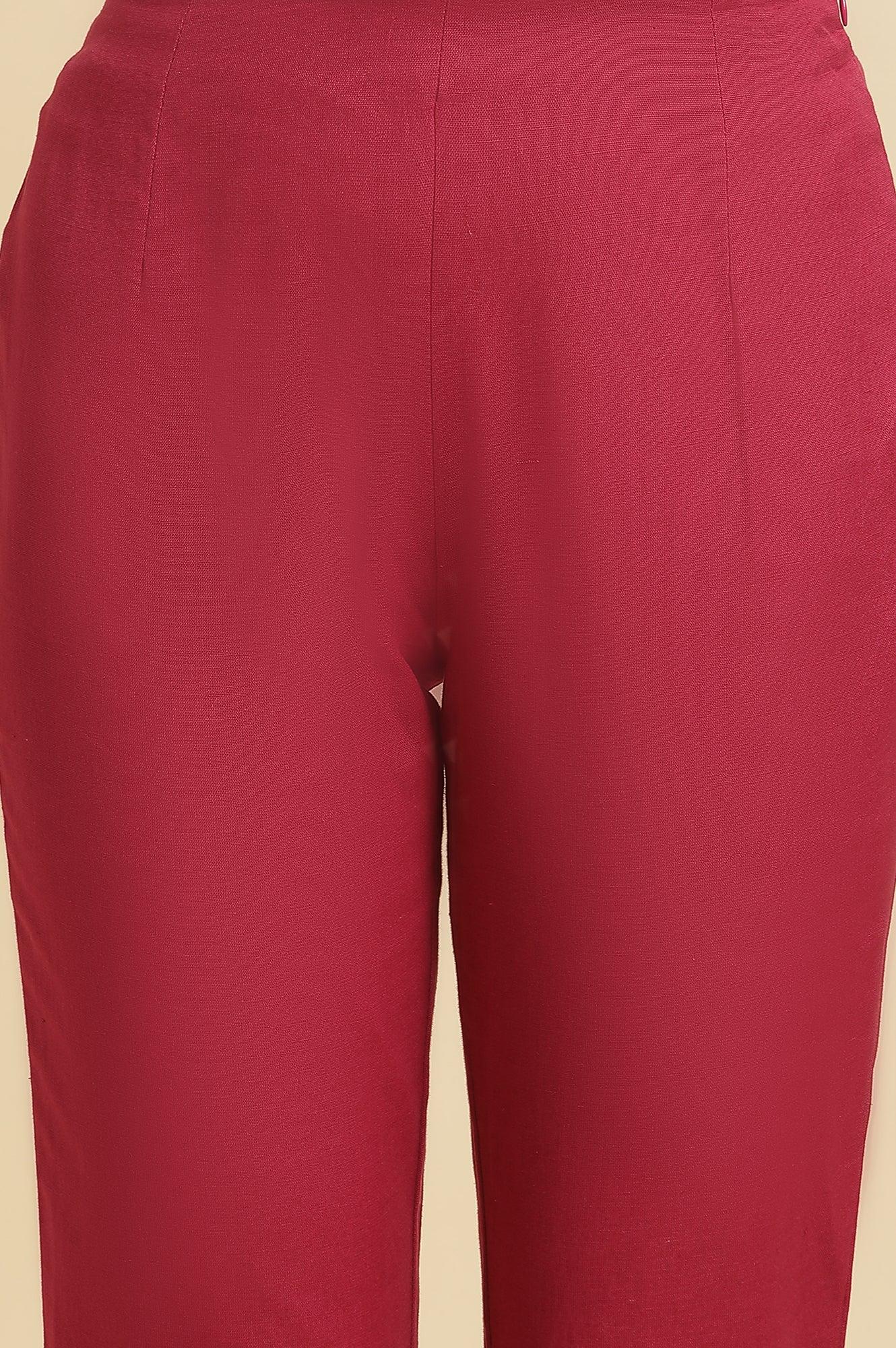 W for Woman Pink Solid Cotton Flax Slim Pants