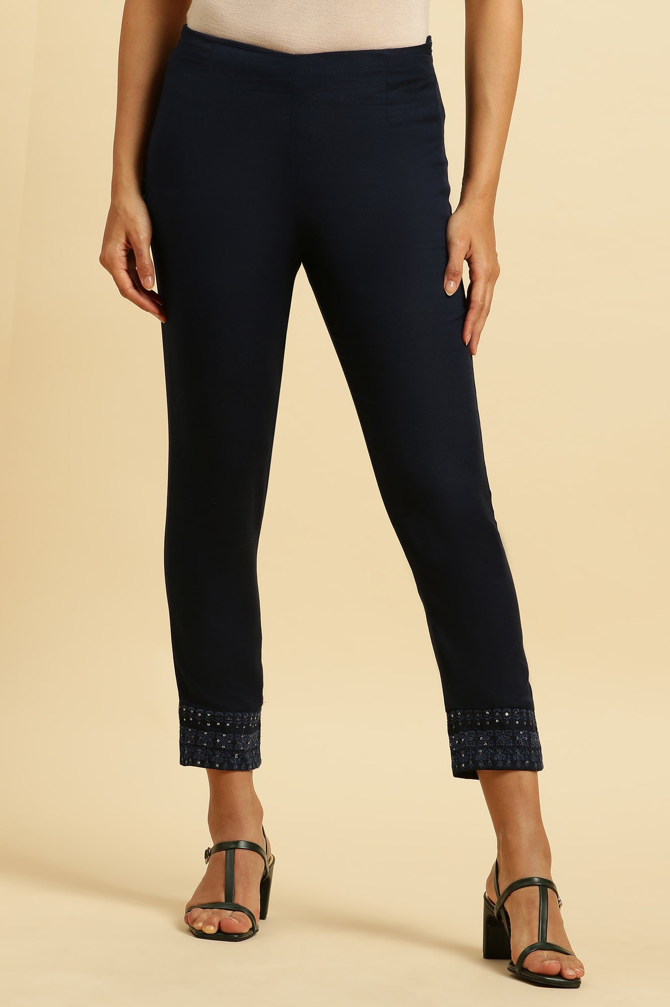 W for Woman Navy Blue Solid Embroidered Slim Pants
