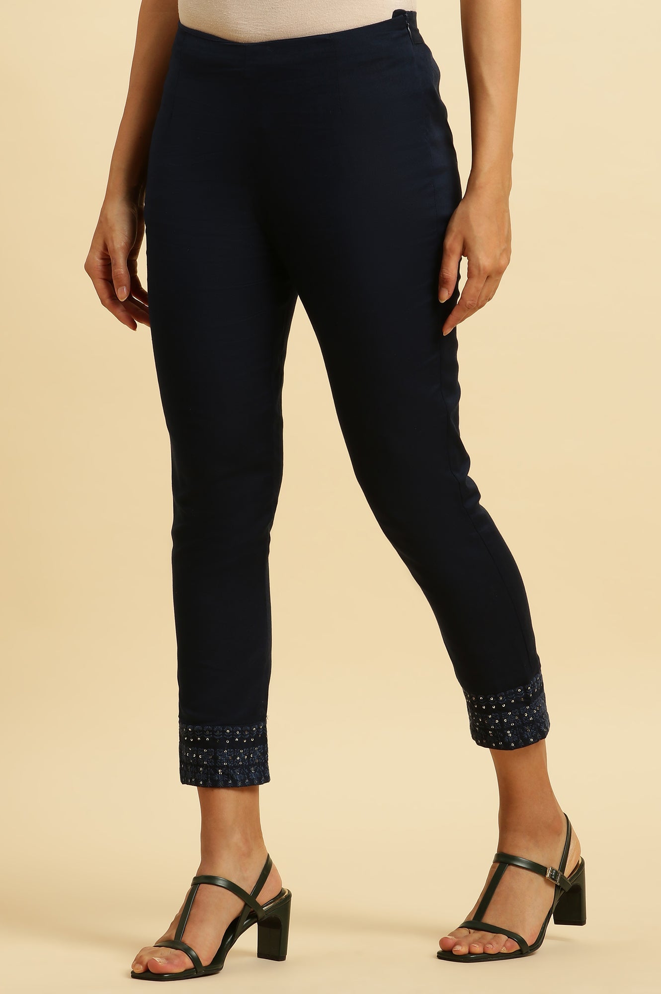 W for Woman Navy Blue Solid Embroidered Slim Pants
