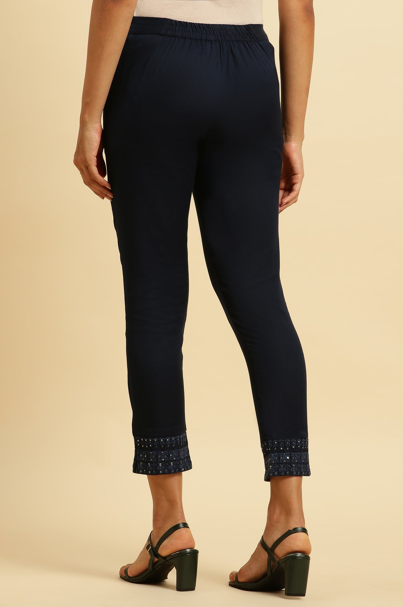 W for Woman Navy Blue Solid Embroidered Slim Pants