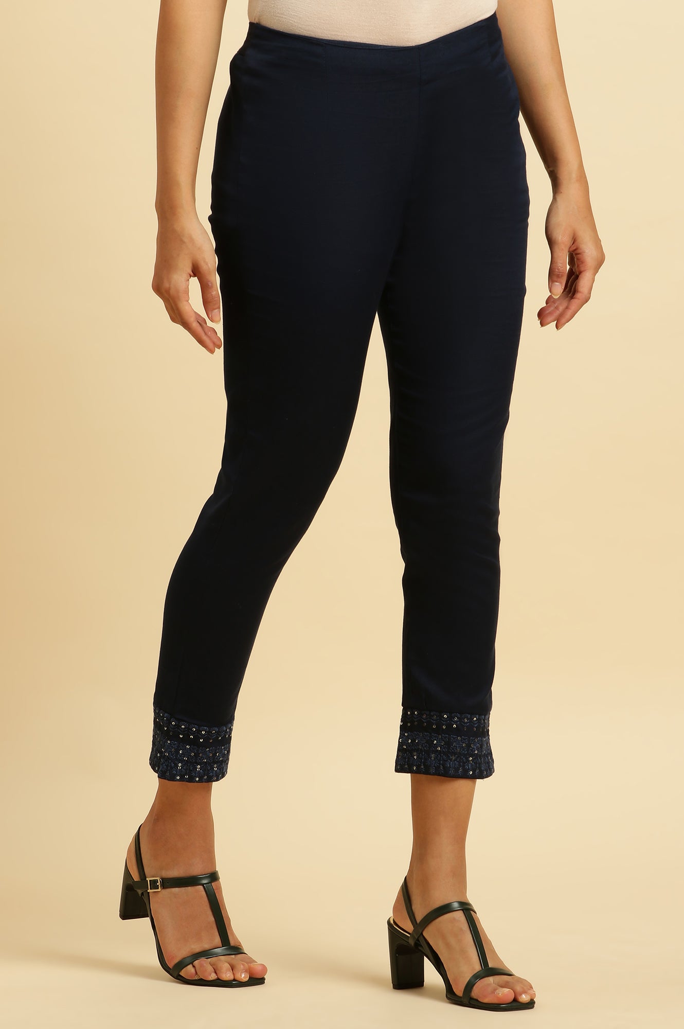 W for Woman Navy Blue Solid Embroidered Slim Pants