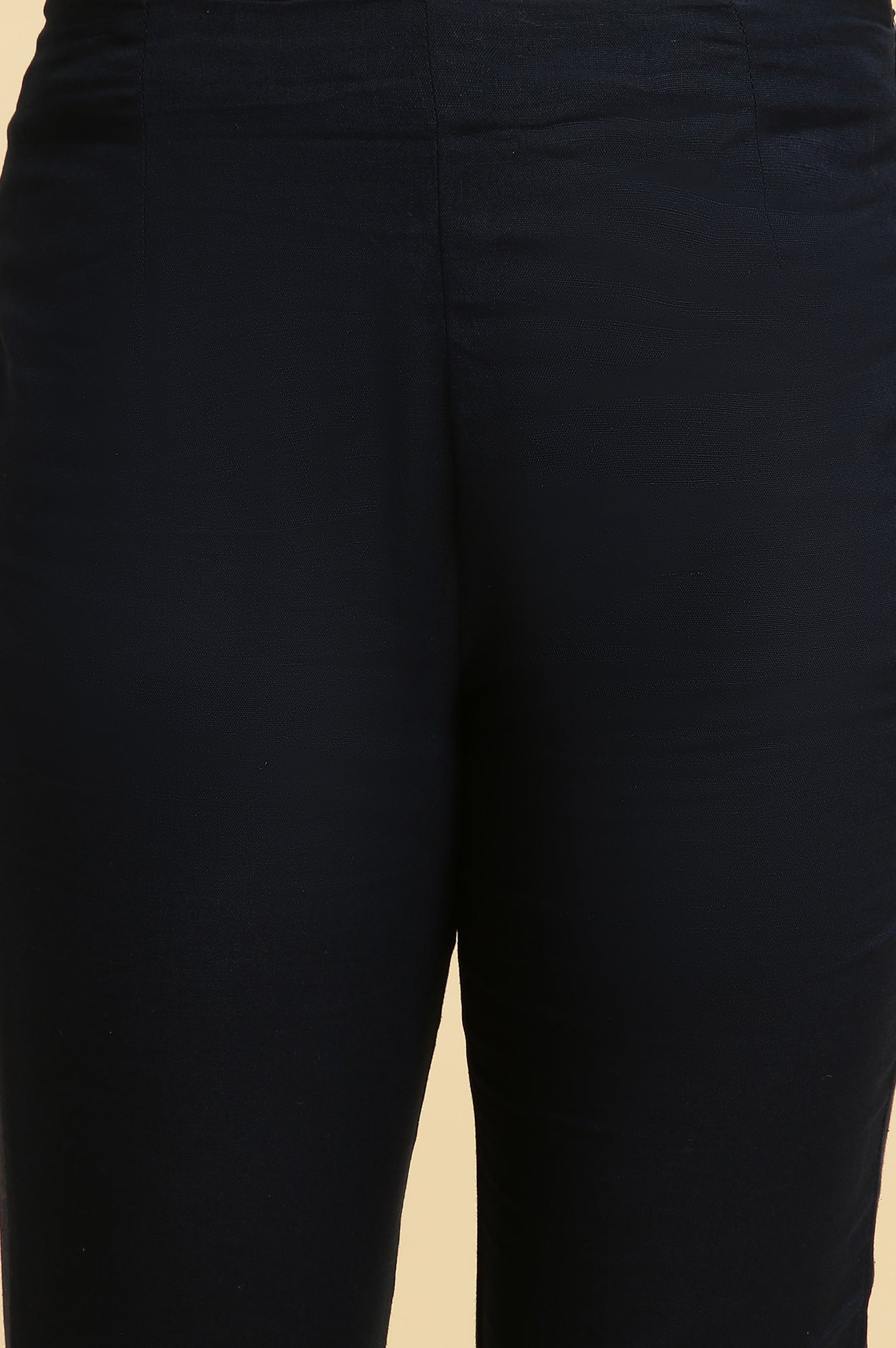 W for Woman Navy Blue Solid Embroidered Slim Pants