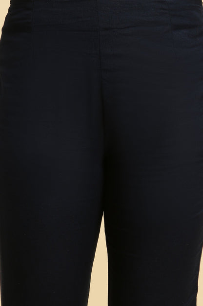 W for Woman Navy Blue Solid Embroidered Slim Pants