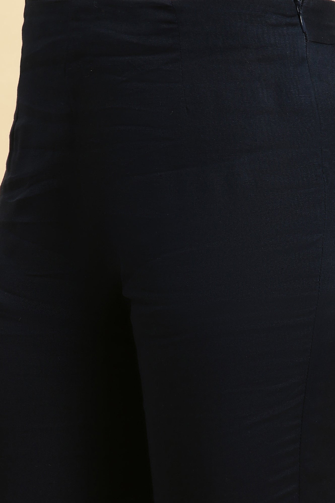 W for Woman Navy Blue Solid Embroidered Slim Pants