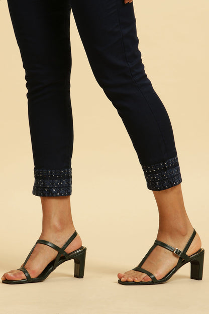 W for Woman Navy Blue Solid Embroidered Slim Pants