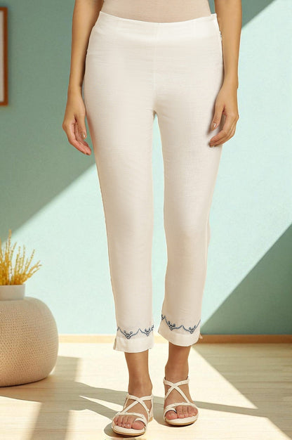 W for Woman White Slim Pants with Embroidered Hemline