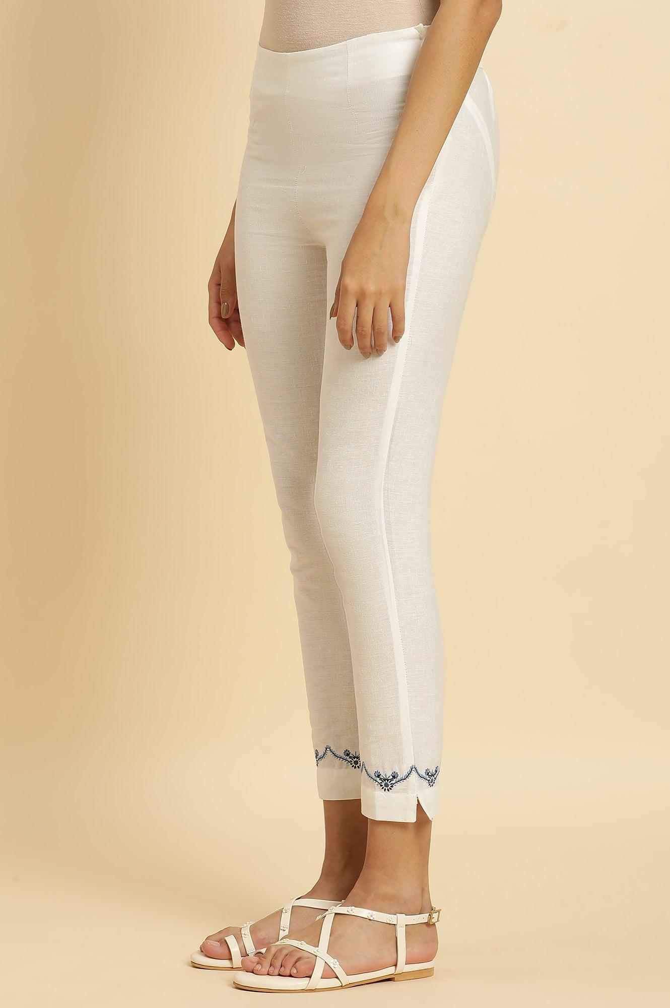W for Woman White Slim Pants with Embroidered Hemline