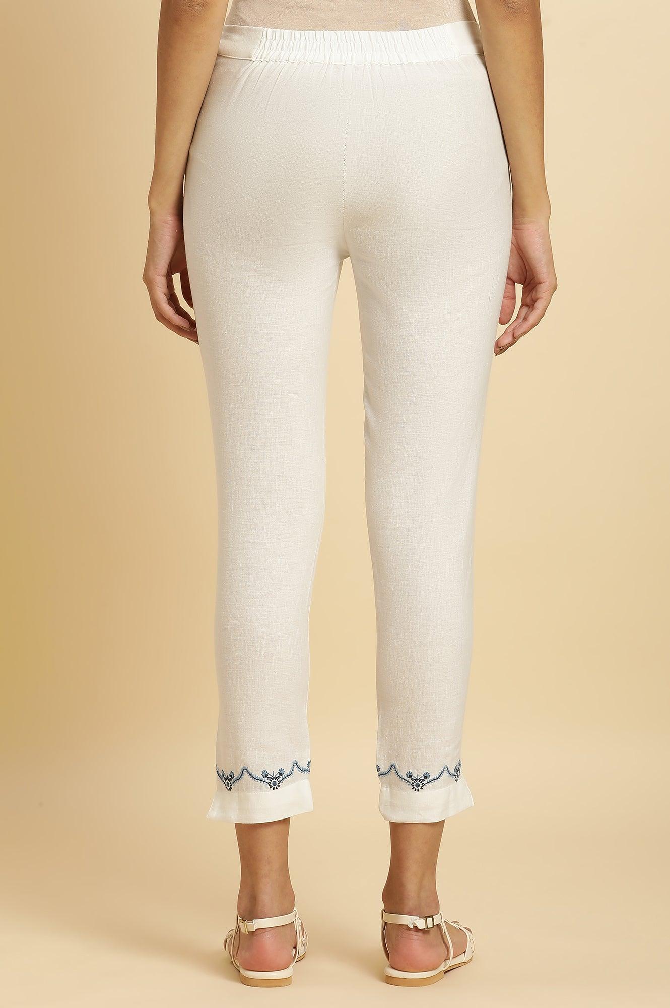 W for Woman White Slim Pants with Embroidered Hemline