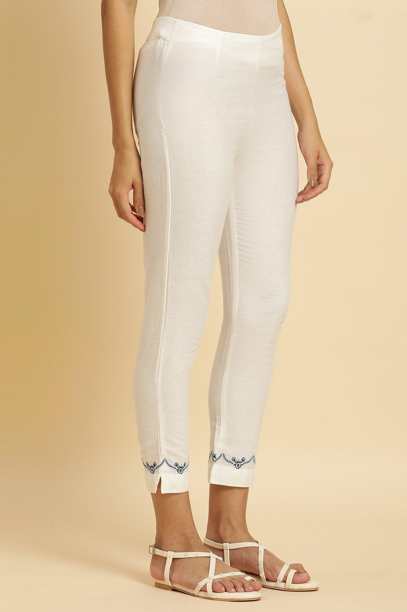 W for Woman White Slim Pants with Embroidered Hemline