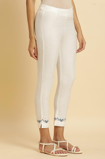 W for Woman White Slim Pants with Embroidered Hemline