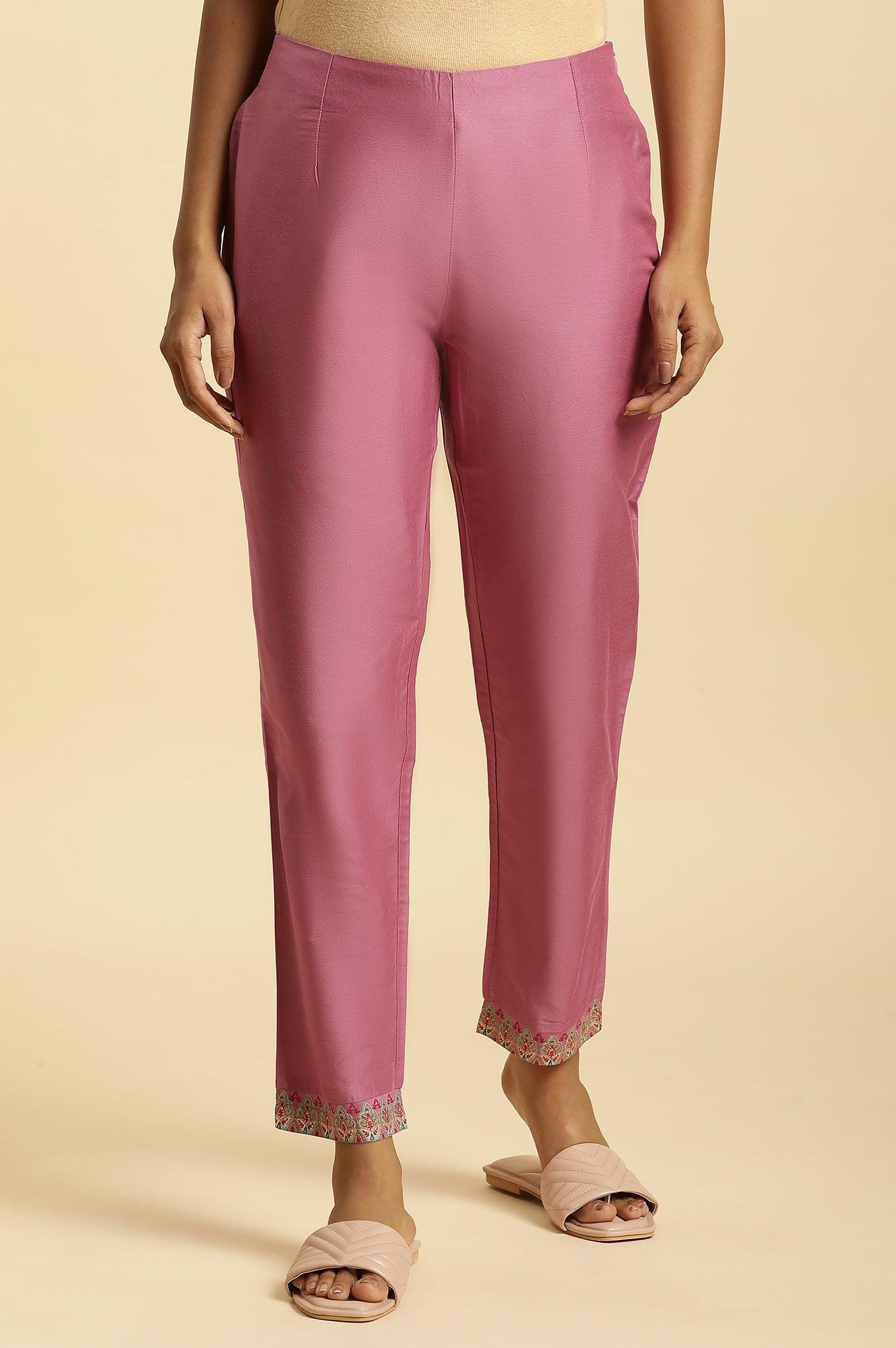 W for Woman Purple Slim Pants with Printed Kota Border