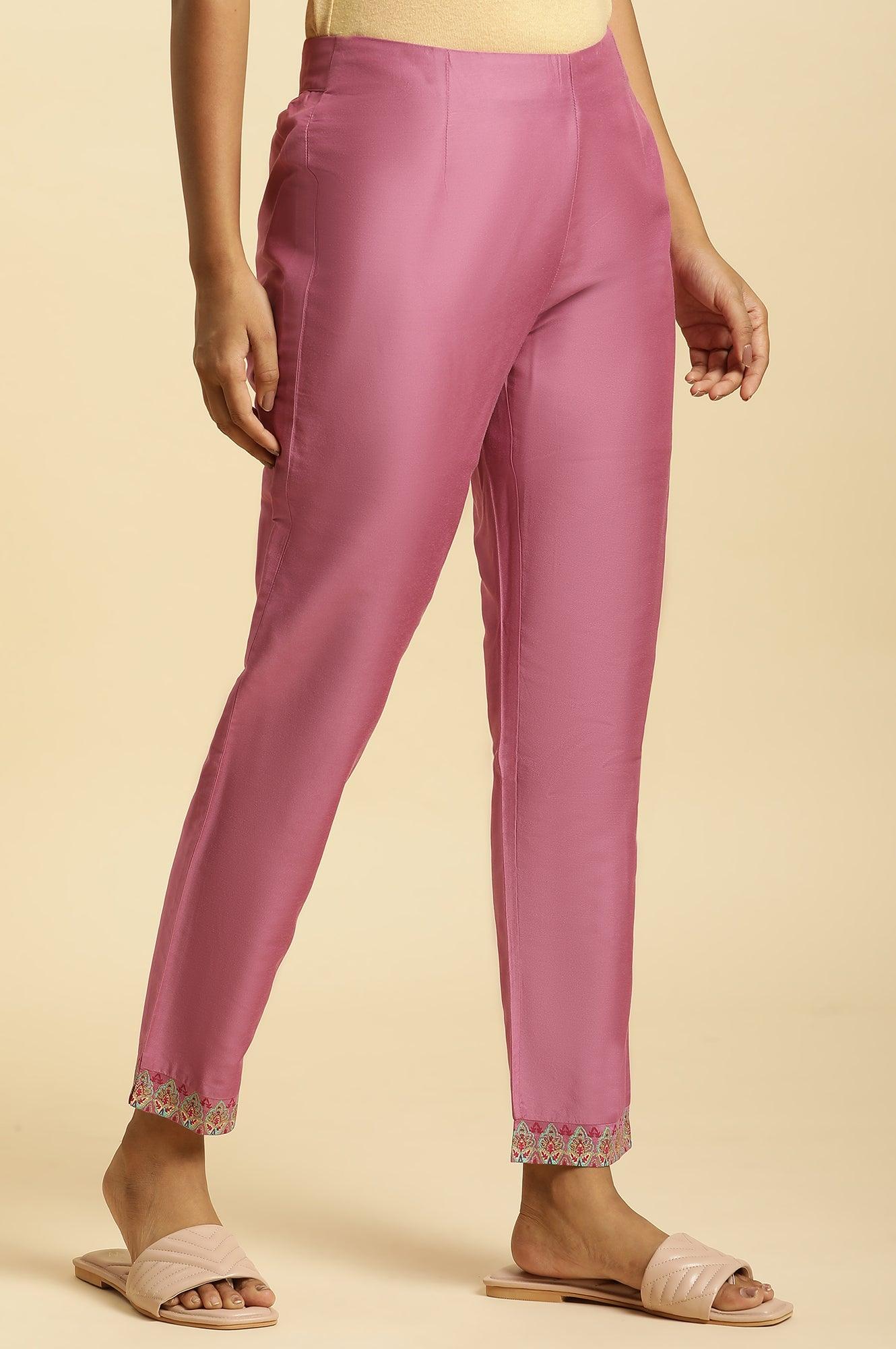 W for Woman Purple Slim Pants with Printed Kota Border