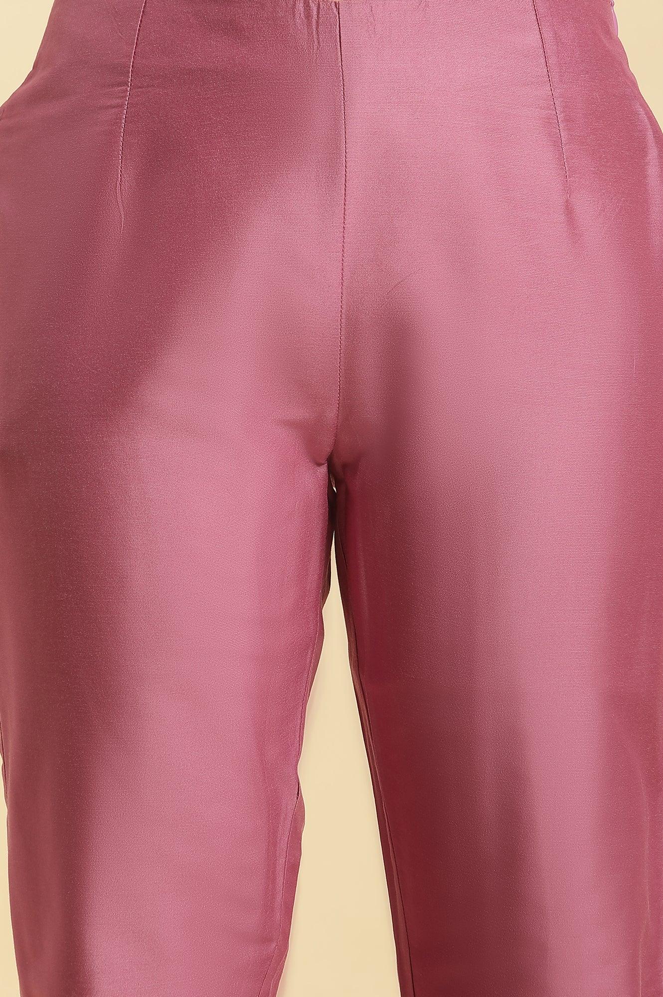 W for Woman Purple Slim Pants with Printed Kota Border