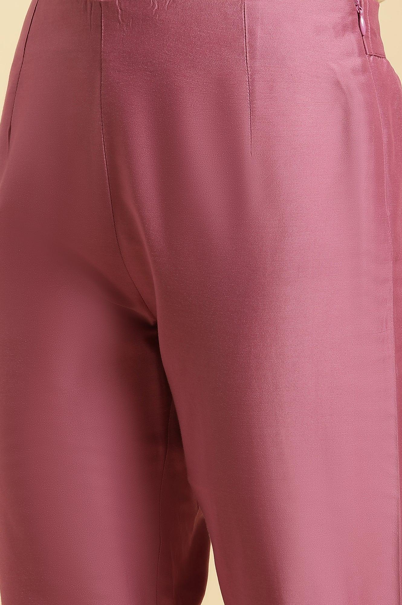 W for Woman Purple Slim Pants with Printed Kota Border