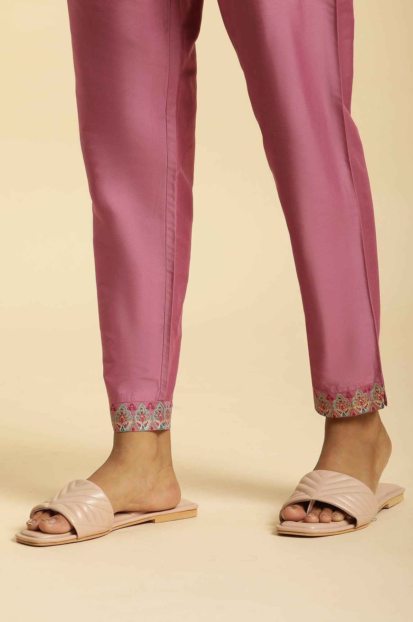 W for Woman Purple Slim Pants with Printed Kota Border