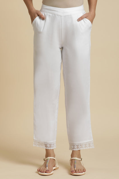 W for Woman Ecru Straight Pants With Lace Hemline