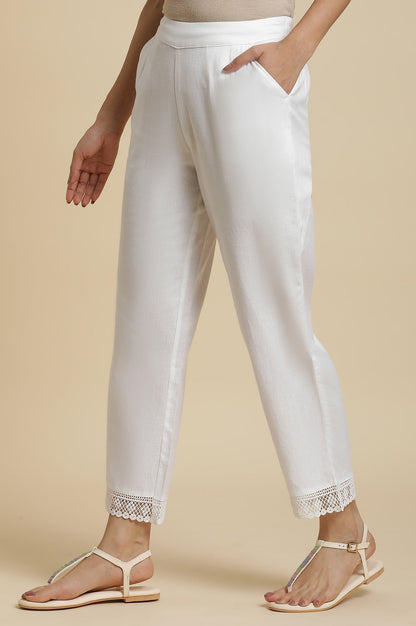 W for Woman Ecru Straight Pants With Lace Hemline