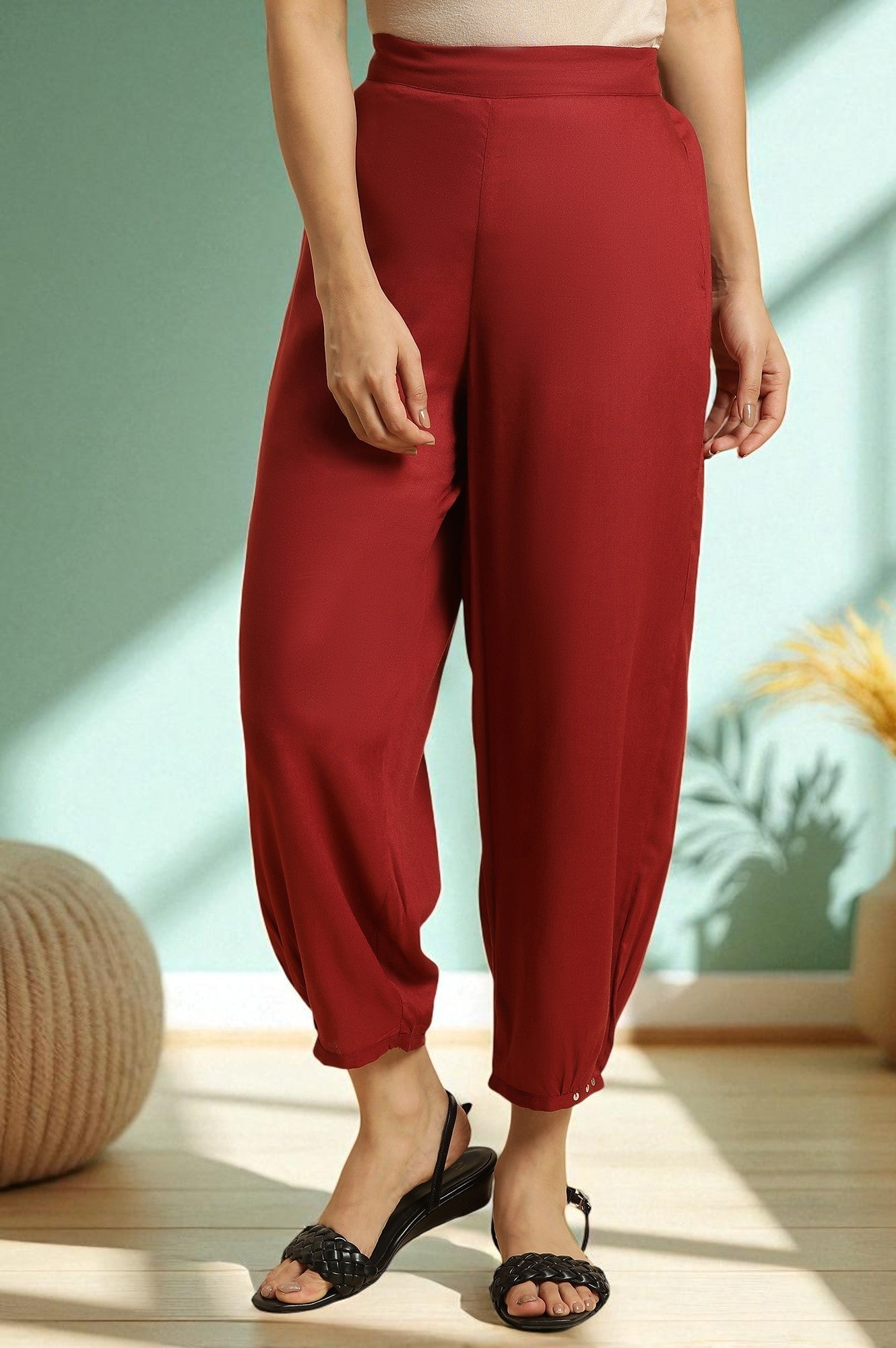 W for Woman Maroon Side Gathered Rayon Pants with Sequin Detailing
