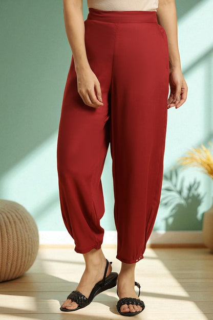 W for Woman Maroon Side Gathered Rayon Pants with Sequin Detailing