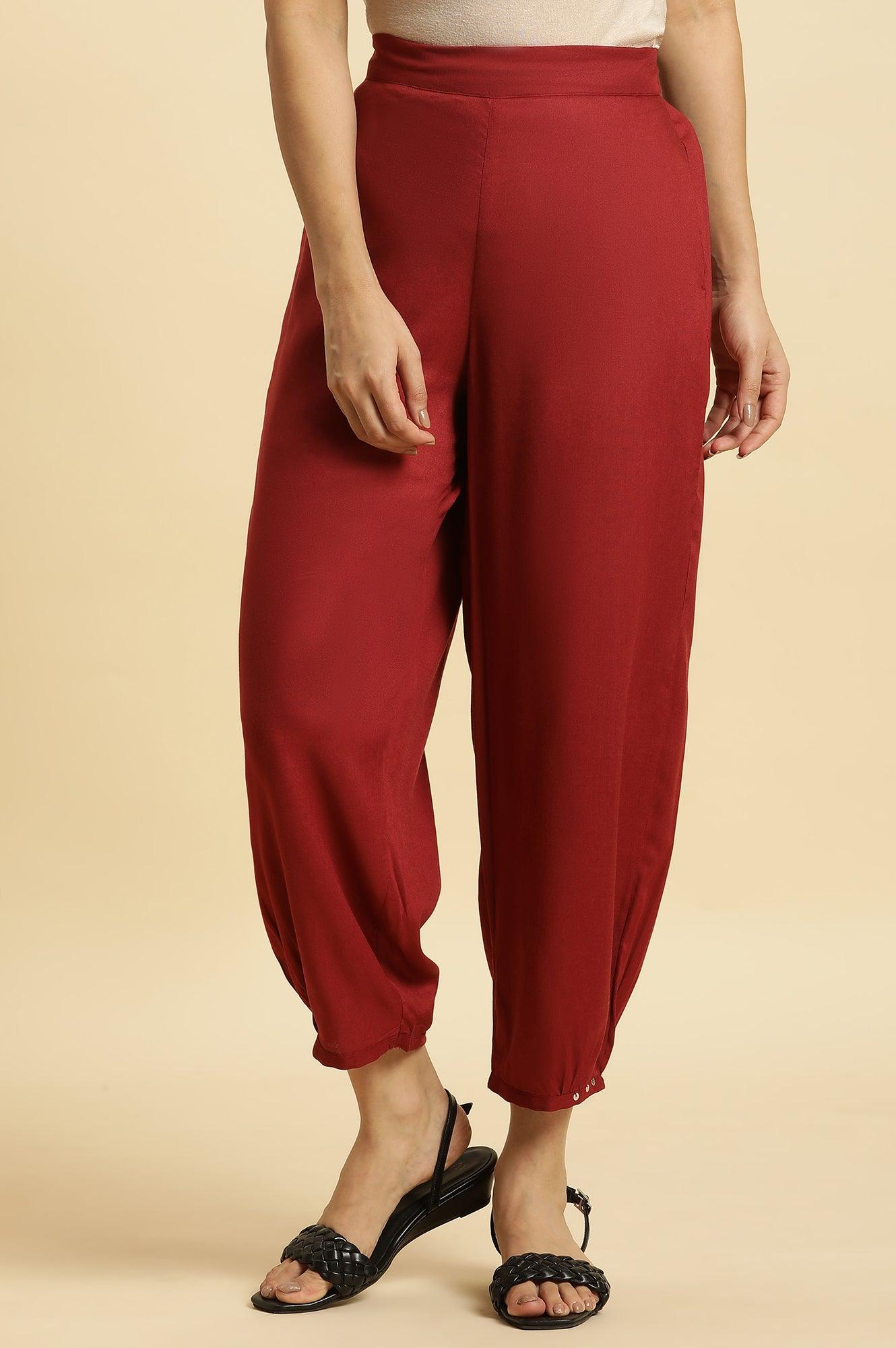 W for Woman Maroon Side Gathered Rayon Pants with Sequin Detailing