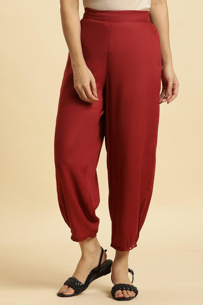 W for Woman Maroon Side Gathered Rayon Pants with Sequin Detailing