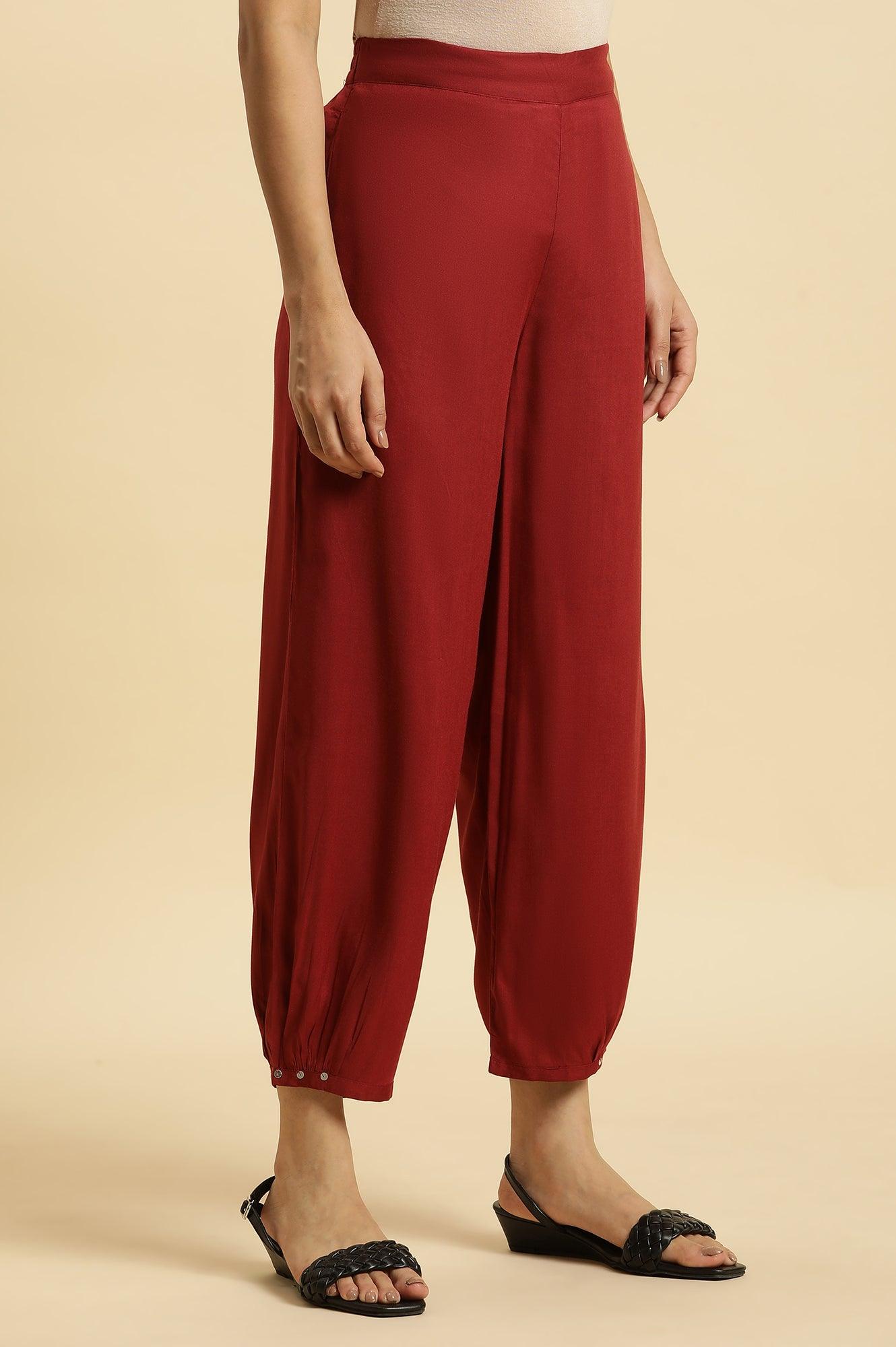 W for Woman Maroon Side Gathered Rayon Pants with Sequin Detailing