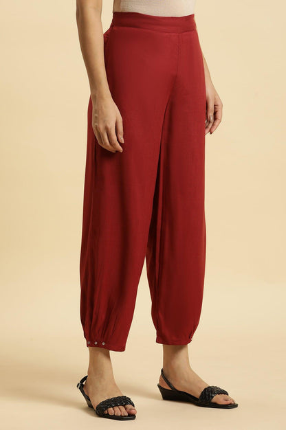 W for Woman Maroon Side Gathered Rayon Pants with Sequin Detailing