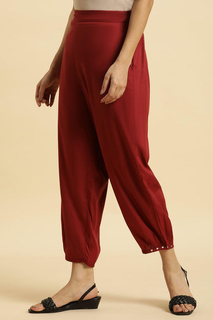 W for Woman Maroon Side Gathered Rayon Pants with Sequin Detailing